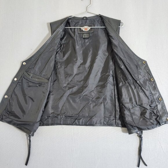 Harley-Davidson rider leather vest men's sz XL black with orange graphic design - Picture 2 of 14